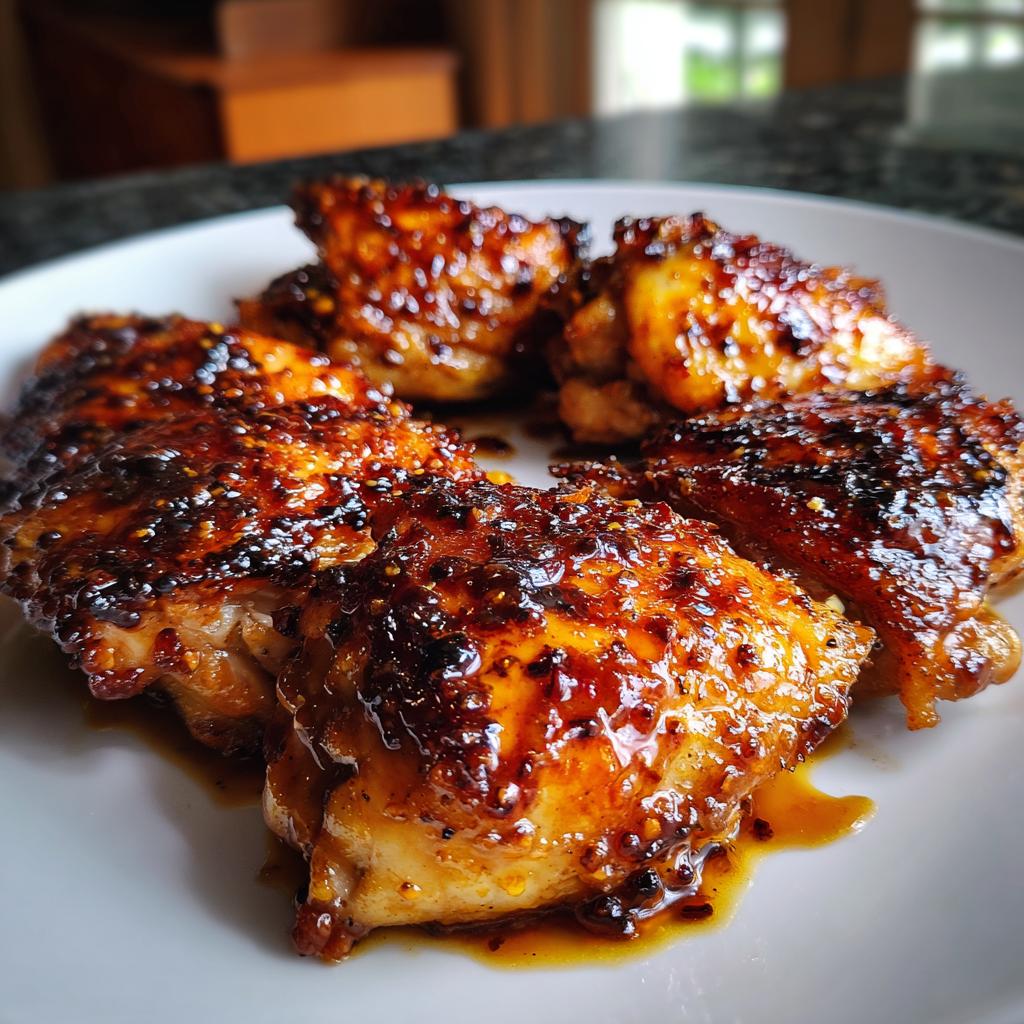 Close-up of delicious, glossy, juicy chicken thighs coated in a rich glaze, ready to be served.