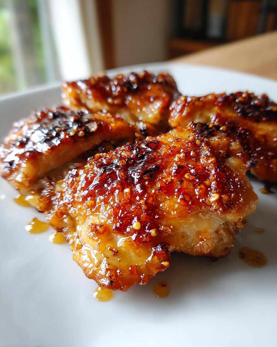 Close-up of four juicy chicken thighs glazed with a shiny, amber sauce, sprinkled with spices.