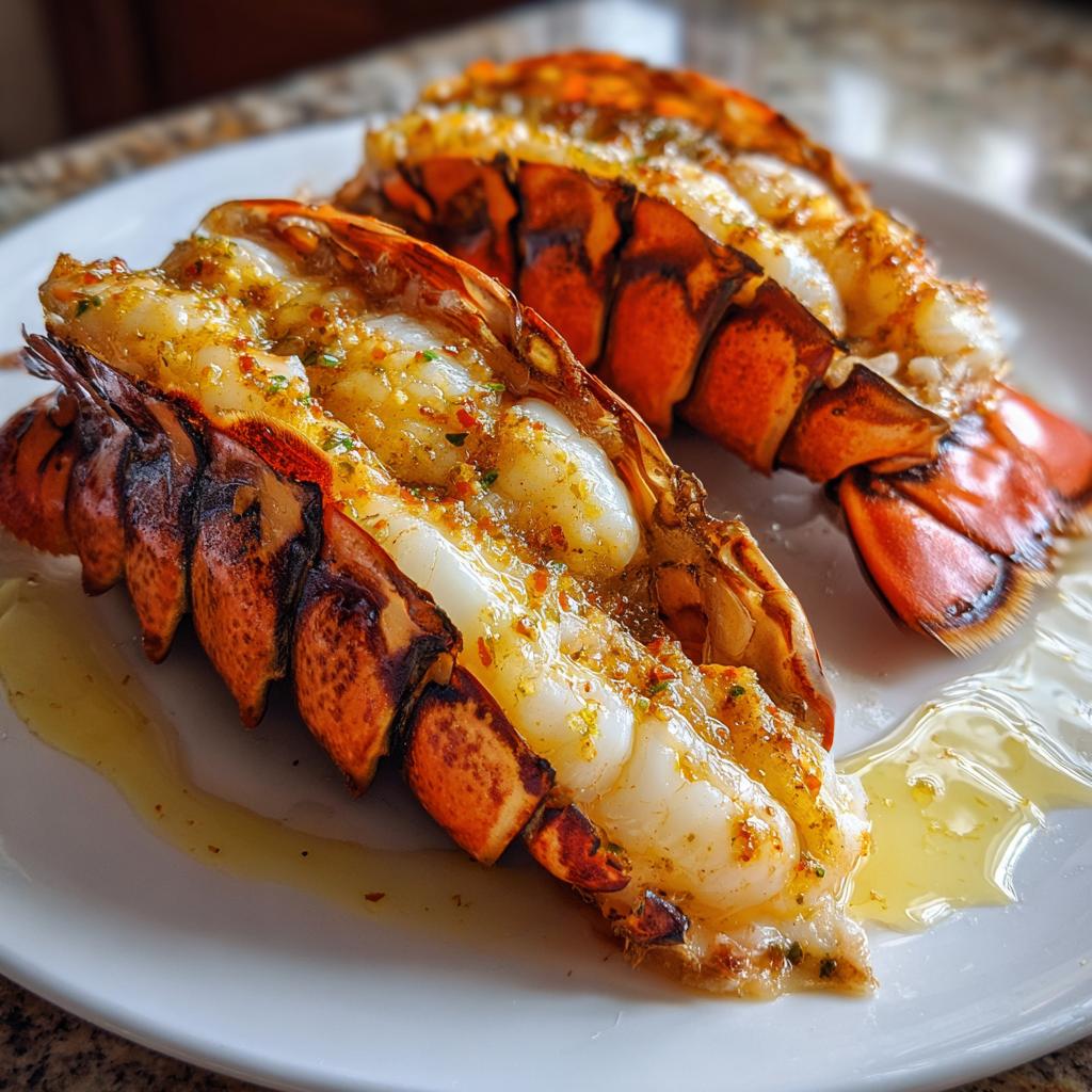 Close-up of two juicy grilled lobster tails brushed with garlic butter and herbs, served on a white plate.