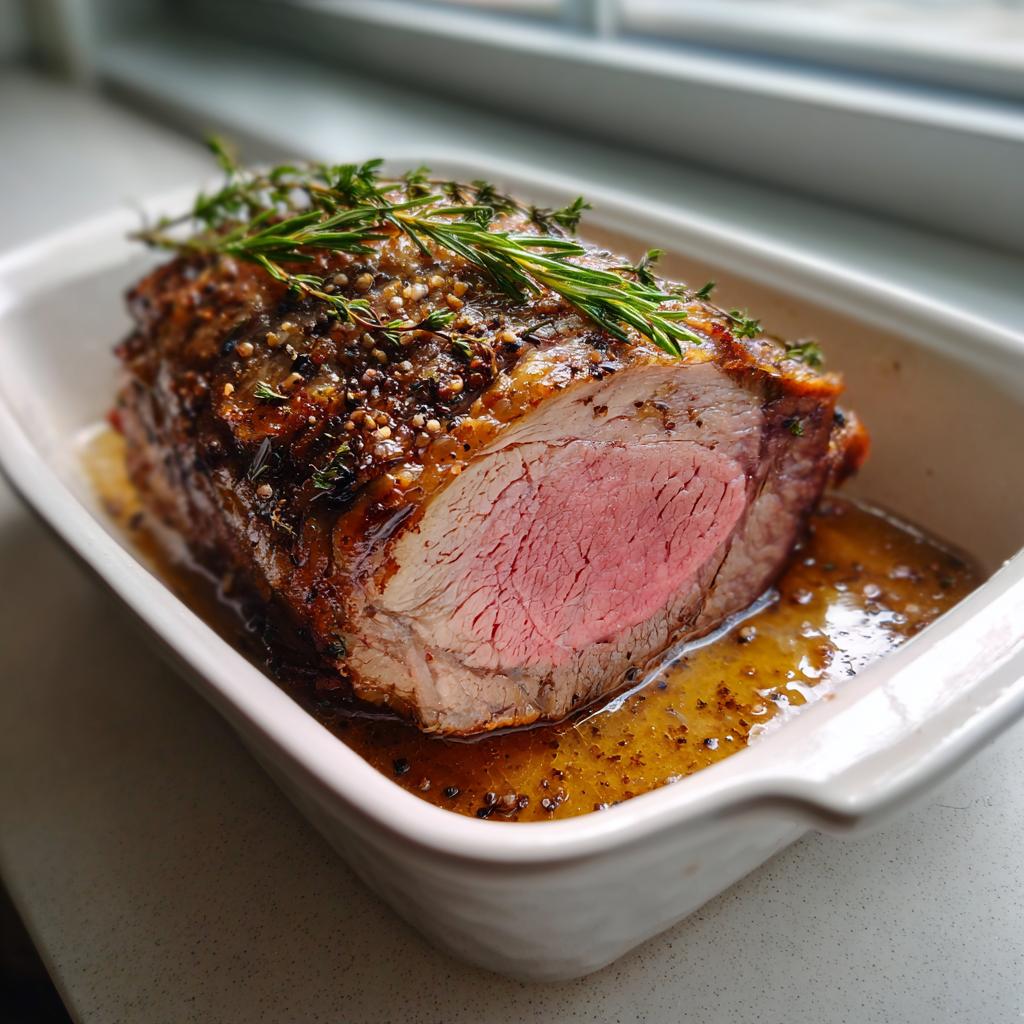 A perfectly cooked prime rib roast, sliced to reveal a tender pink interior, resting in its own juices and topped with fresh herbs.