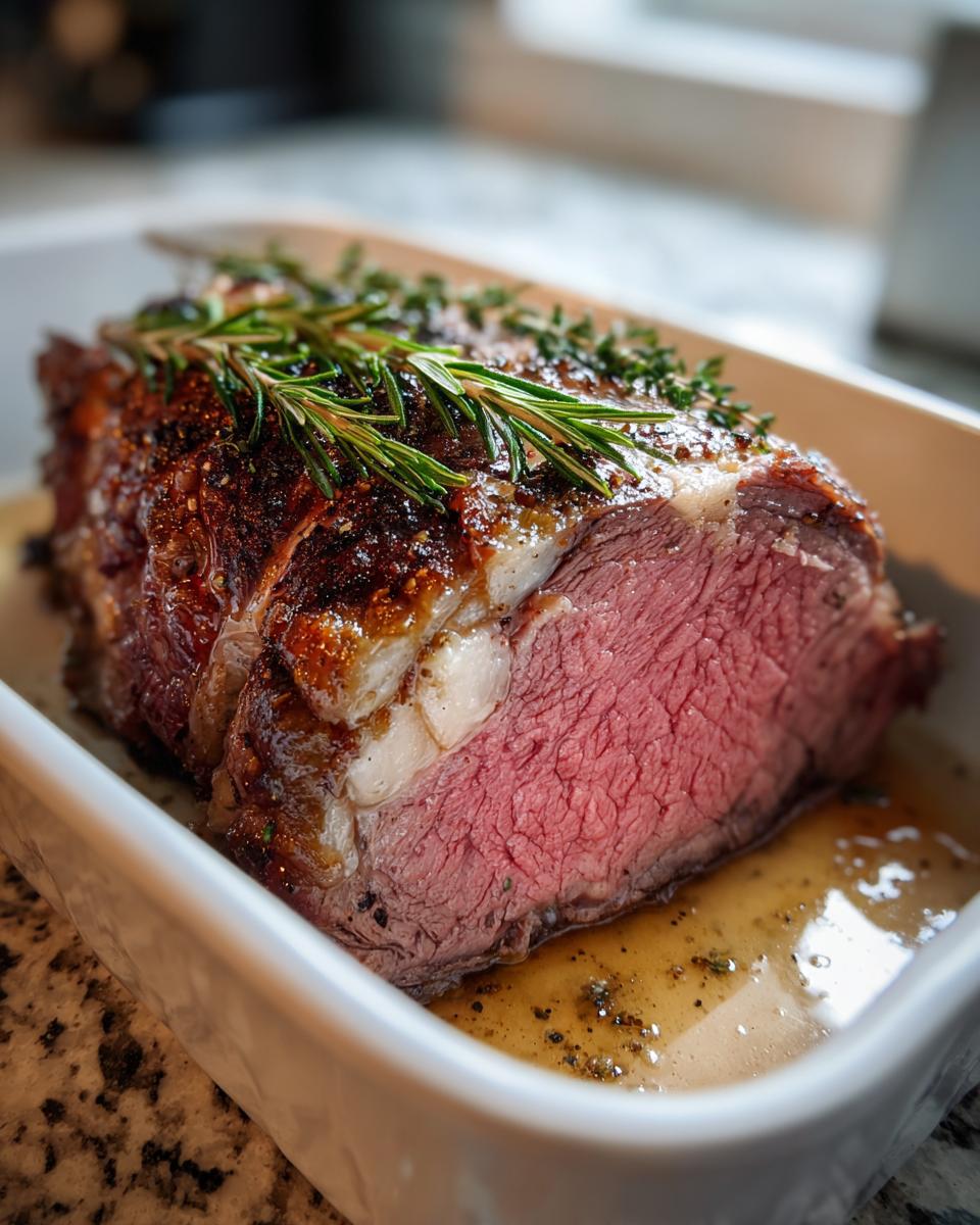 A perfectly cooked prime rib roast, sliced to reveal a tender pink interior, garnished with fresh rosemary and thyme.