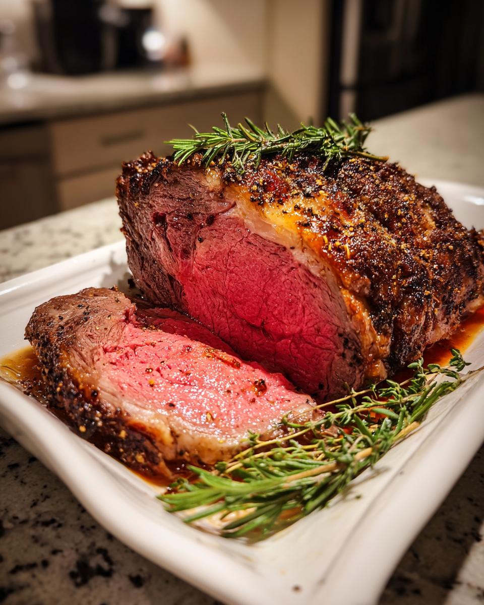A perfectly cooked, juicy prime rib roast with a browned crust, garnished with fresh rosemary and thyme.
