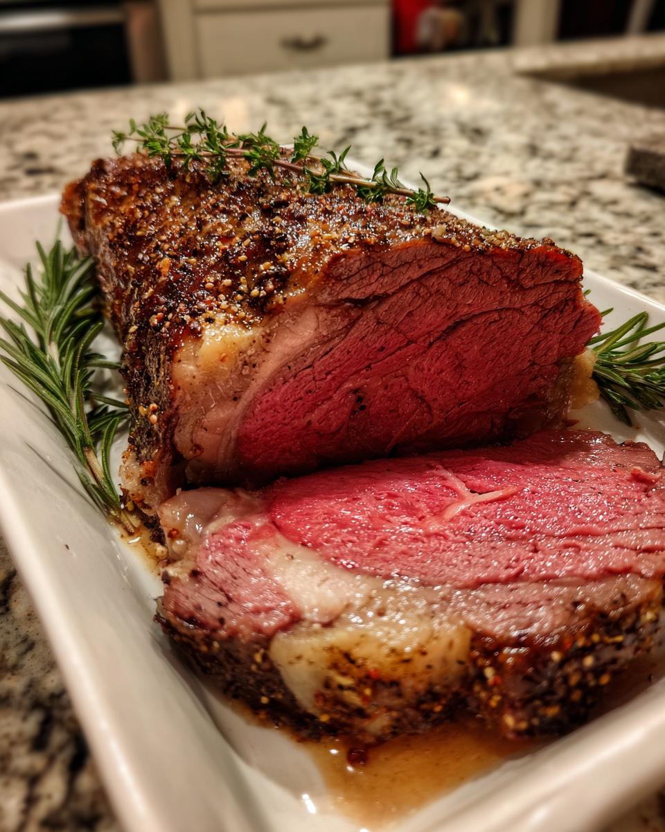 A perfectly cooked, juicy prime rib roast with a flavorful crust, garnished with fresh rosemary and thyme.