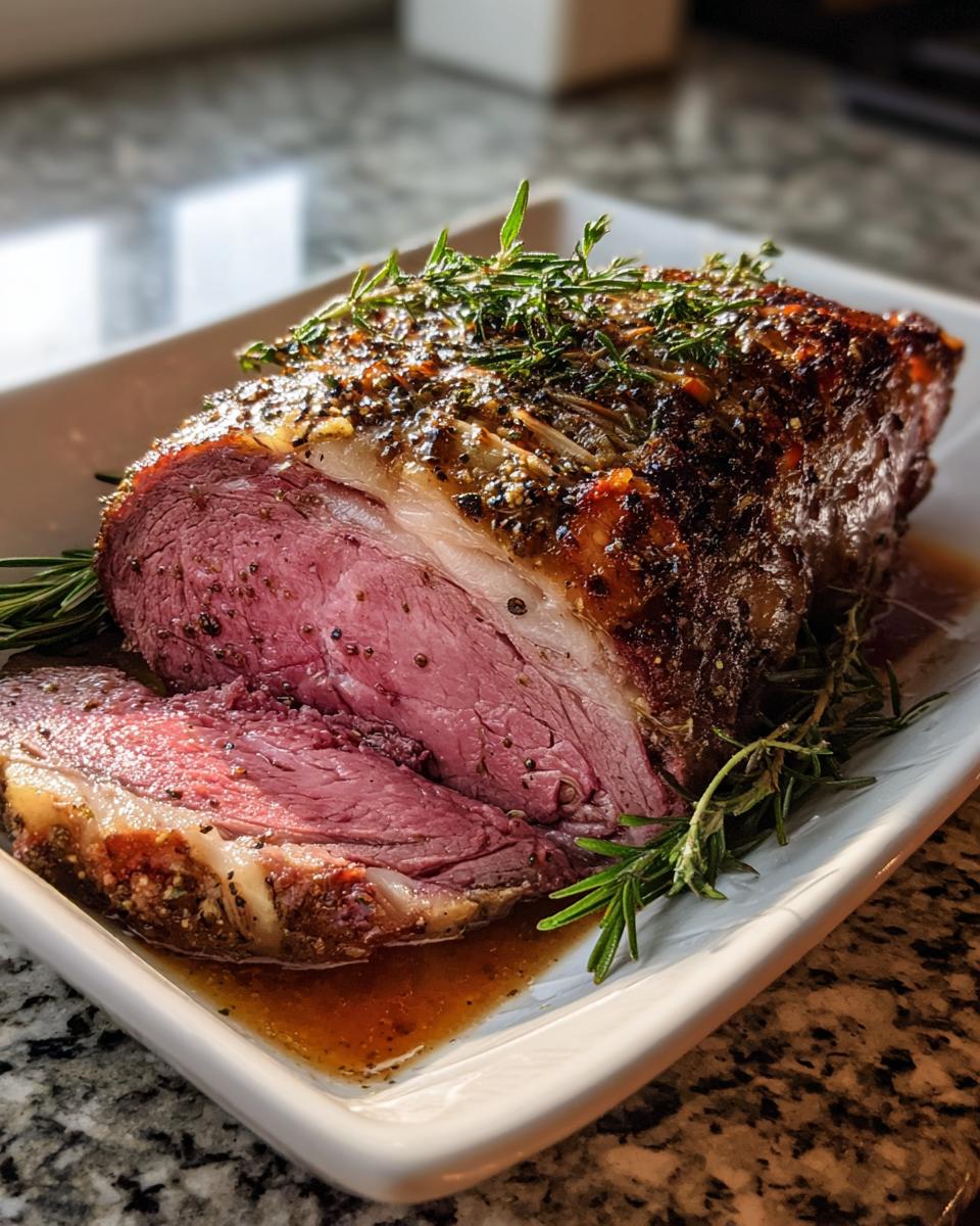 A perfectly cooked, juicy prime rib roast sliced on a white platter, garnished with fresh rosemary.