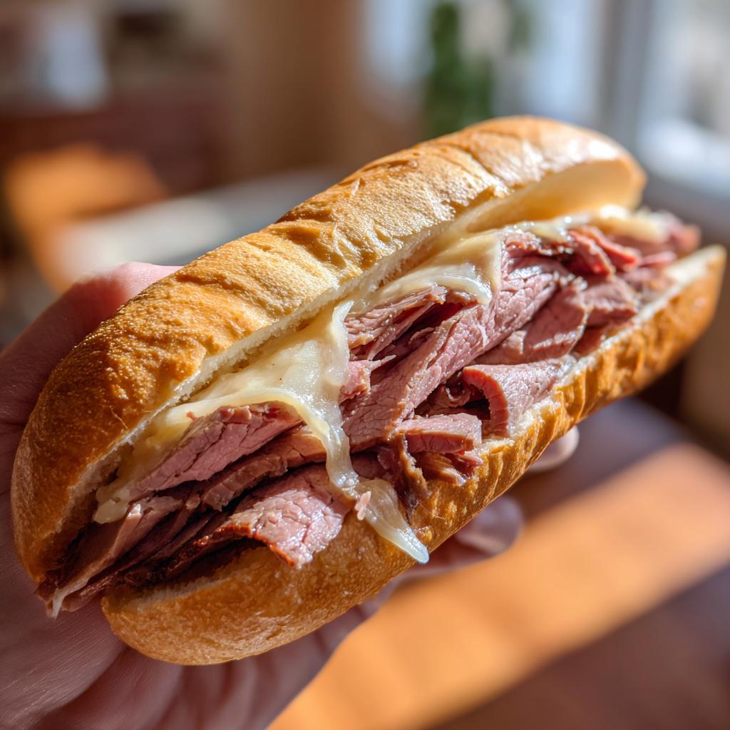 Close-up of a delicious leftover prime rib sandwich with melted cheese on a toasted bun.
