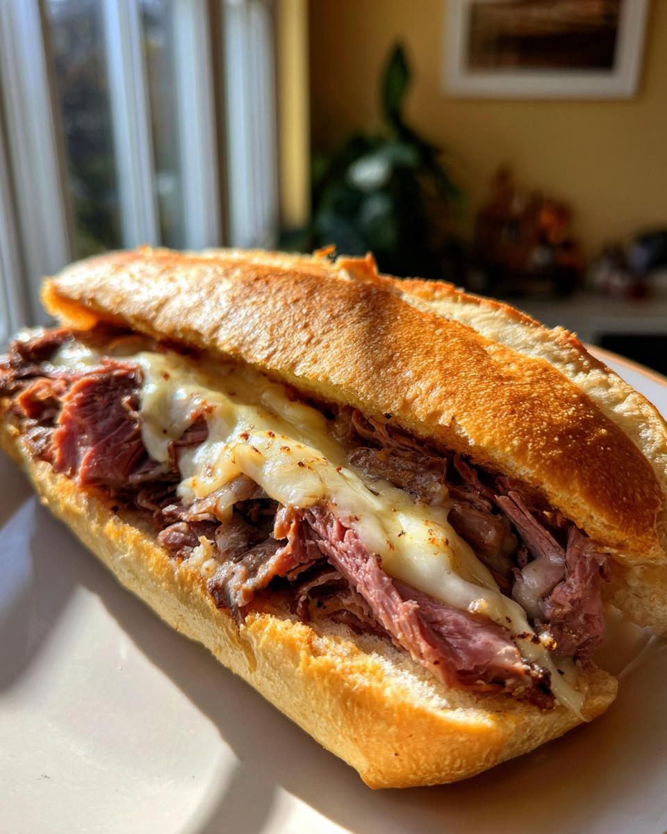 A close-up of a delicious leftover prime rib sandwich piled high with shredded meat and melted cheese on a toasted bun.