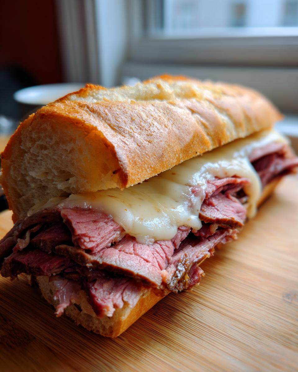 A close-up of a delicious sandwich made with leftover prime rib and melted cheese on a crusty baguette.