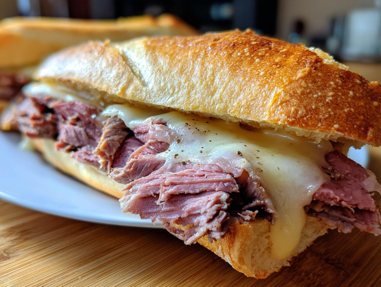 A close-up of a delicious leftover prime rib sandwich with melted cheese on a toasted bun.