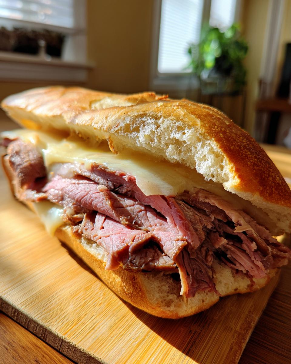 A delicious sandwich made with leftover prime rib and melted cheese on a crusty baguette.