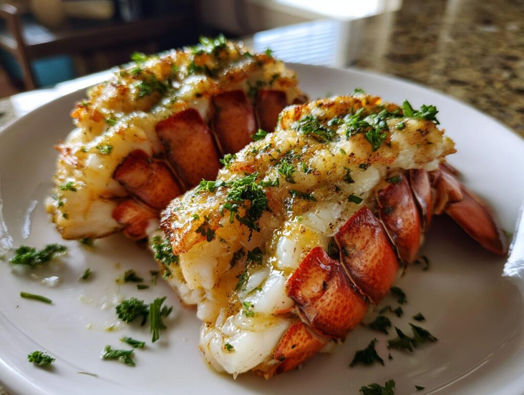 Two perfectly cooked lobster tails, glistening with butter and herbs, ready to be served as part of this lobster tail recipe.