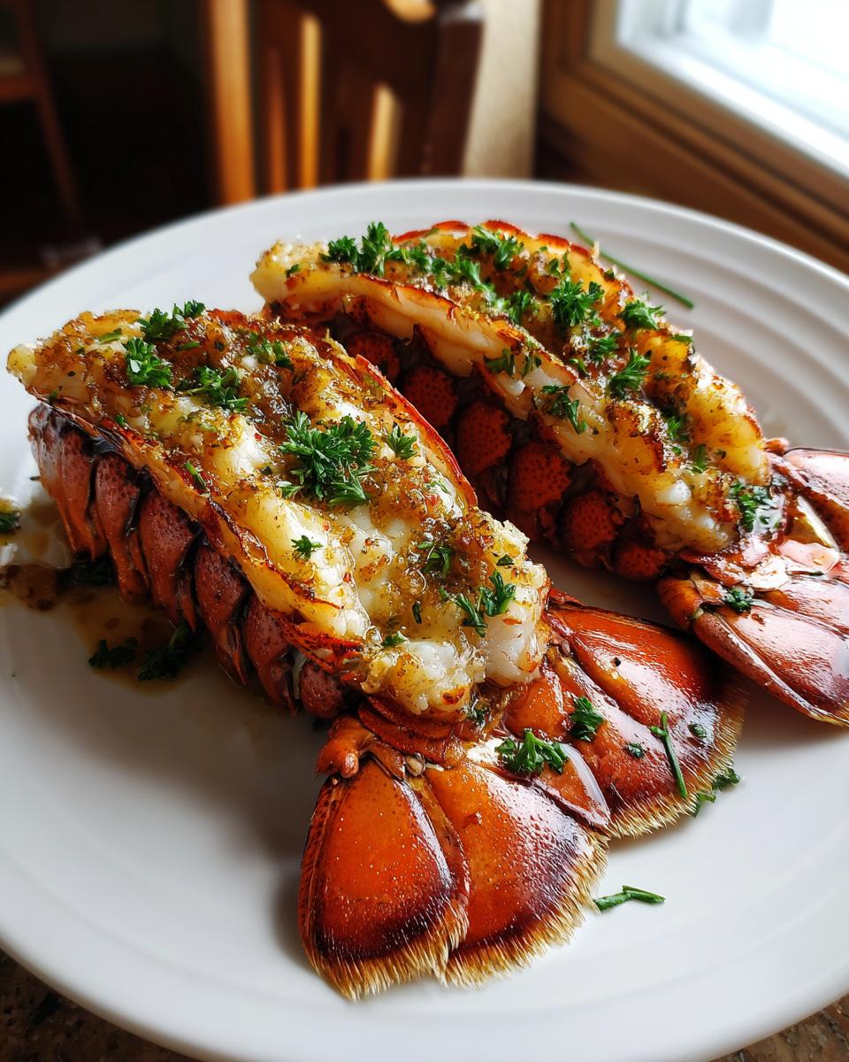 Close-up of two perfectly cooked lobster tails, seasoned and garnished with fresh parsley, part of a lobster tail recipe.