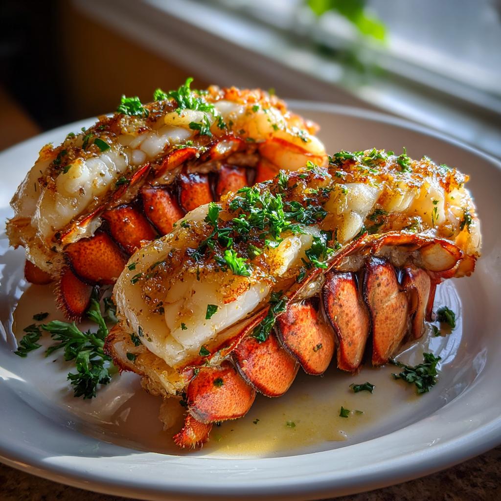 Two perfectly cooked lobster tails, glistening with butter and herbs, ready for a gourmet lobster tail recipe.