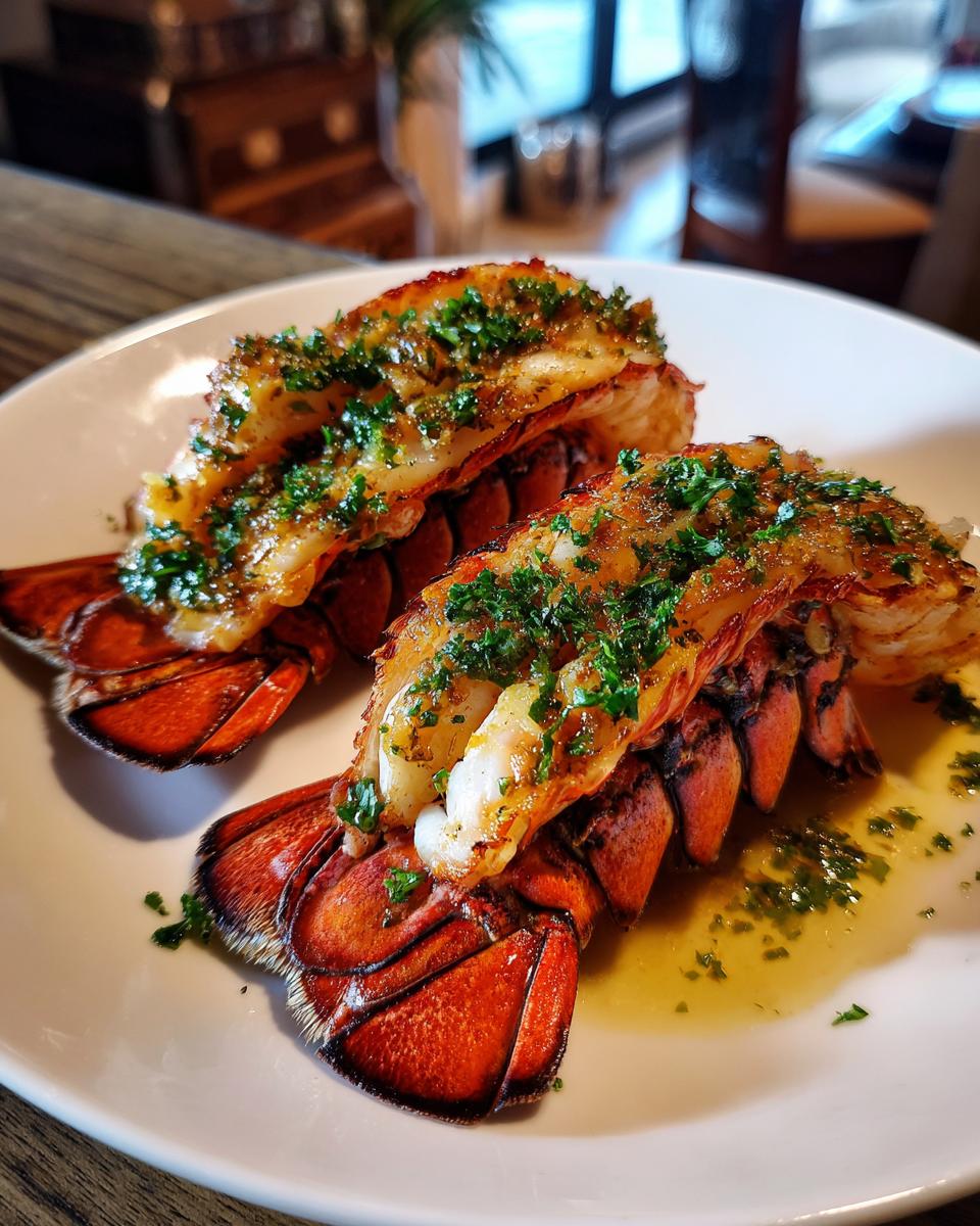Two perfectly cooked lobster tails, brushed with butter and sprinkled with fresh parsley, served on a white plate.