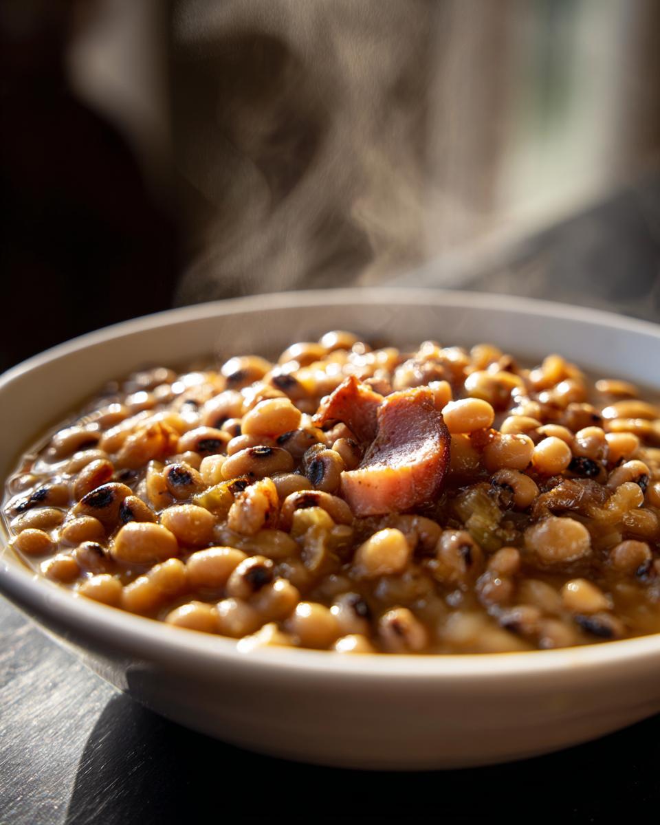 A close-up of a steaming bowl of black-eyed peas with pieces of ham, representing lucky new years food.