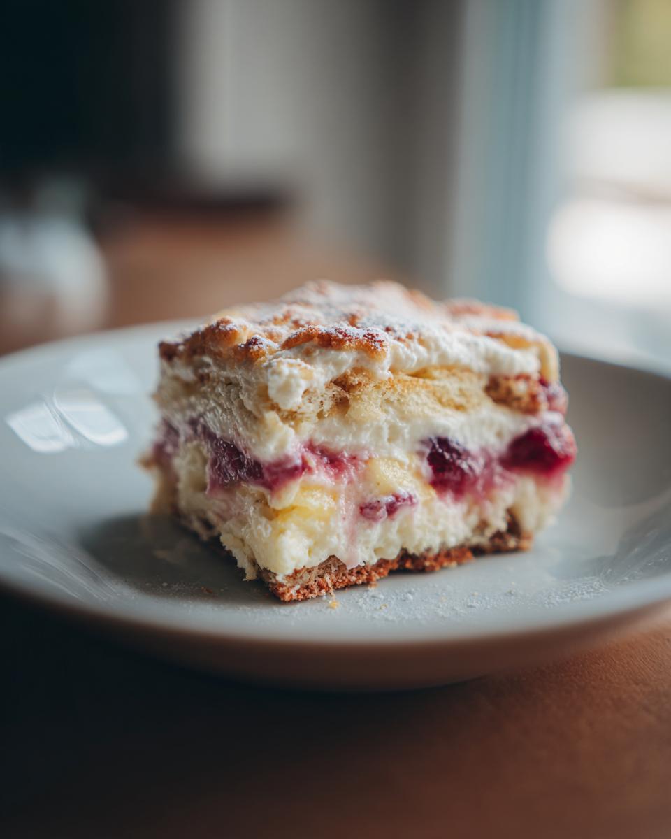 A slice of creamy berry cake, perfect for make ahead Thanksgiving desserts, dusted with powdered sugar.