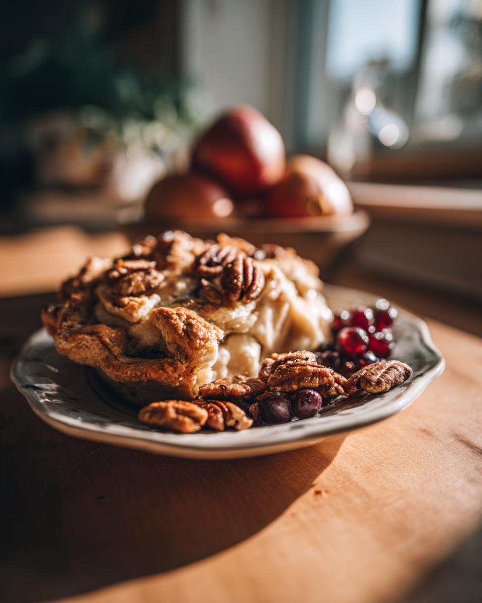 Close-up of a make ahead Thanksgiving dessert topped with pecans and served with cranberries.