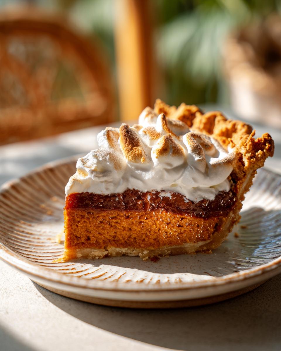 A slice of make ahead Thanksgiving dessert, a fluffy meringue-topped pumpkin pie on a rustic plate.