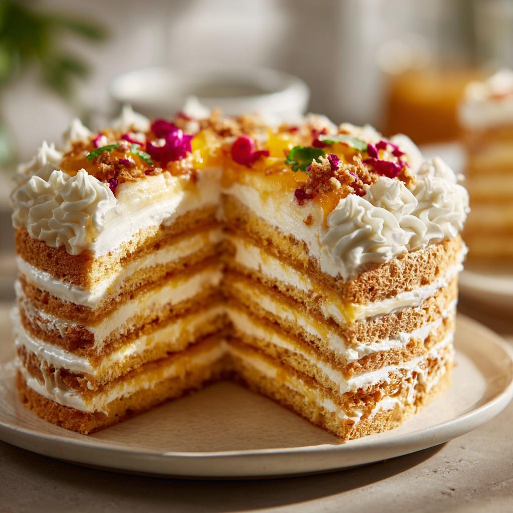 A slice of a multi-layered cake with cream frosting and fruit topping, perfect for make ahead Thanksgiving desserts.