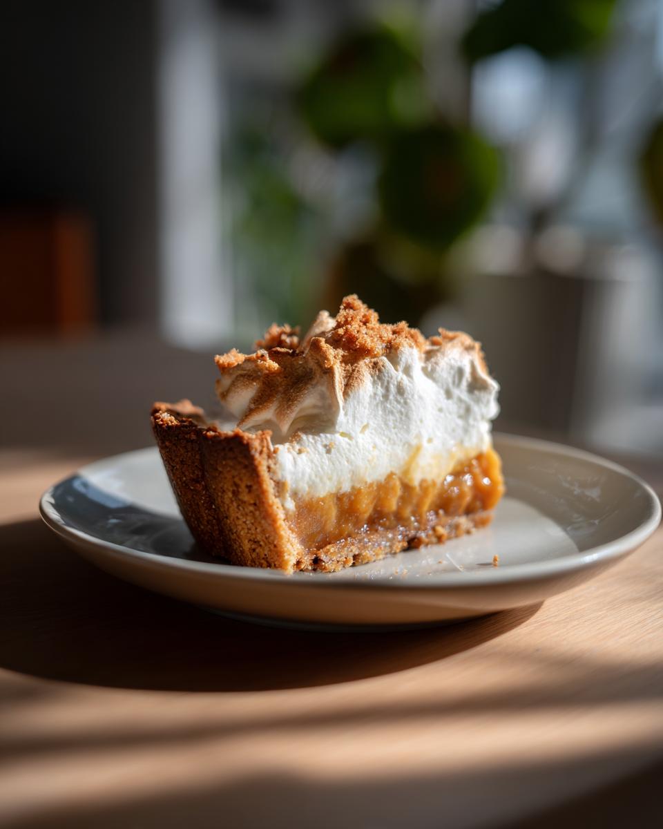 A slice of creamy pie with meringue topping, perfect for make ahead Thanksgiving desserts.