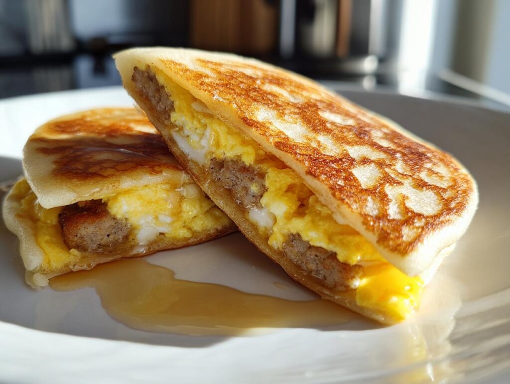 Close-up of two McGriddle bites filled with scrambled eggs and sausage patties, drizzled with syrup.