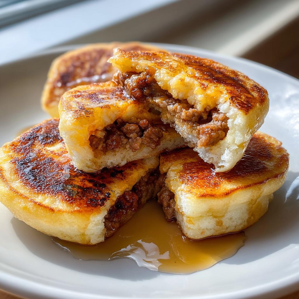 Close-up of golden brown McGriddle Bites filled with savory sausage, drizzled with syrup.