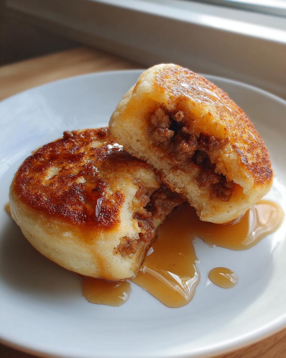 A close-up of two McGriddle bites on a white plate, one cut in half to reveal a savory filling, drizzled with syrup.