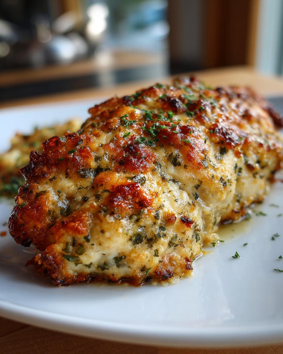 Close-up of a golden-brown, baked melt in your mouth chicken breast topped with herbs and cheese.