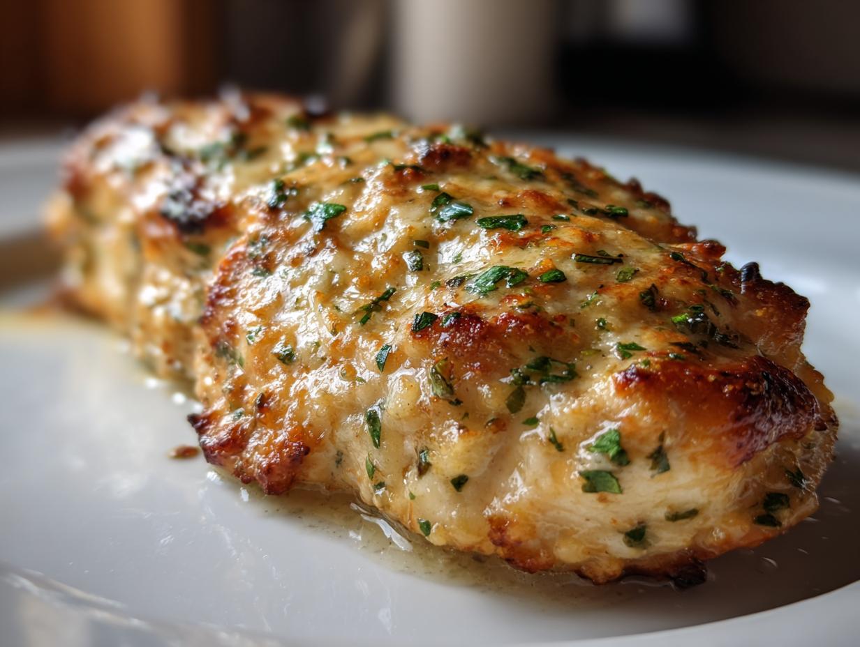 Close-up of a perfectly cooked melt in your mouth chicken breast, golden brown and topped with fresh herbs.