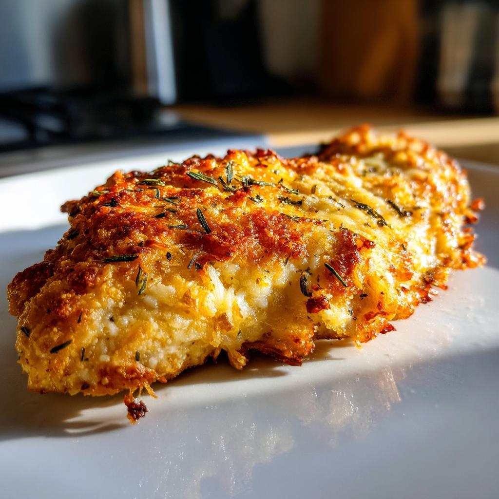 A close-up of a piece of melt in your mouth chicken, coated in a golden-brown, cheesy crust with visible herbs.