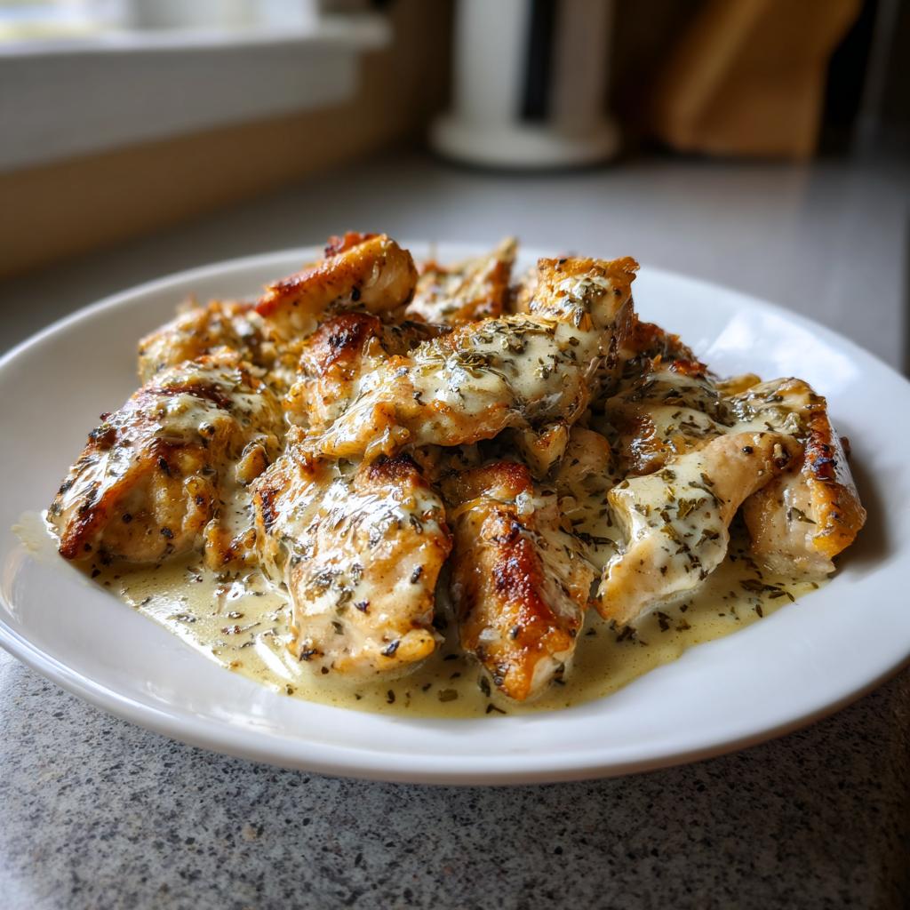 Close-up of tender, golden-brown chicken pieces coated in a creamy herb sauce, showcasing melt in your mouth chicken ideas.