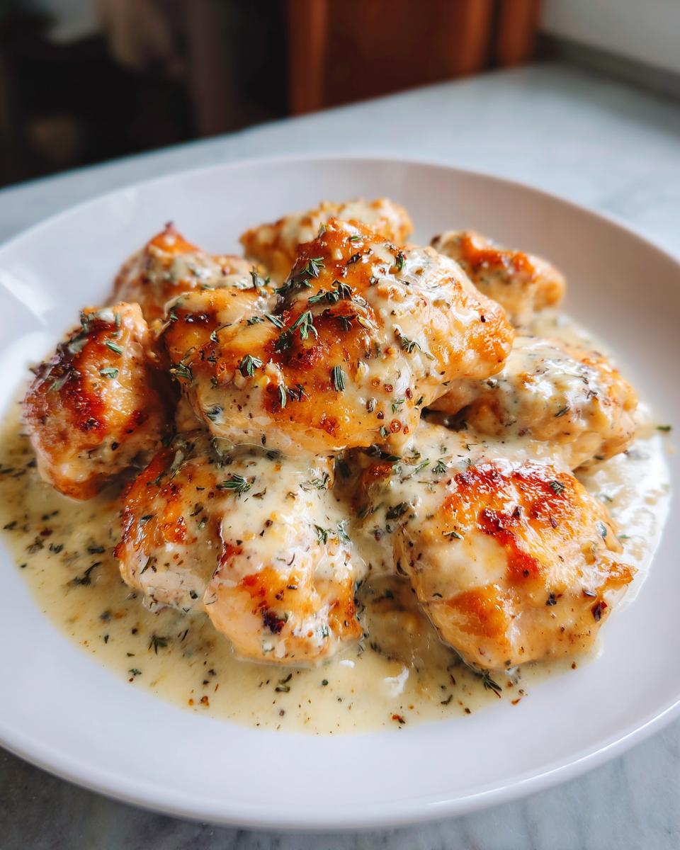 Close-up of tender, golden-brown chicken pieces coated in a creamy herb sauce, a perfect example of melt in your mouth chicken ideas.