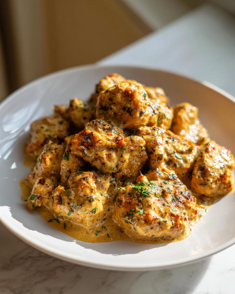 Close-up of tender chicken pieces coated in a rich, creamy sauce with herbs, a perfect example of melt in your mouth chicken ideas.