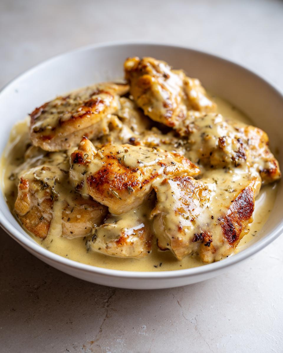 Close-up of tender chicken pieces coated in a creamy, herb-flecked sauce, showcasing melt in your mouth chicken ideas.