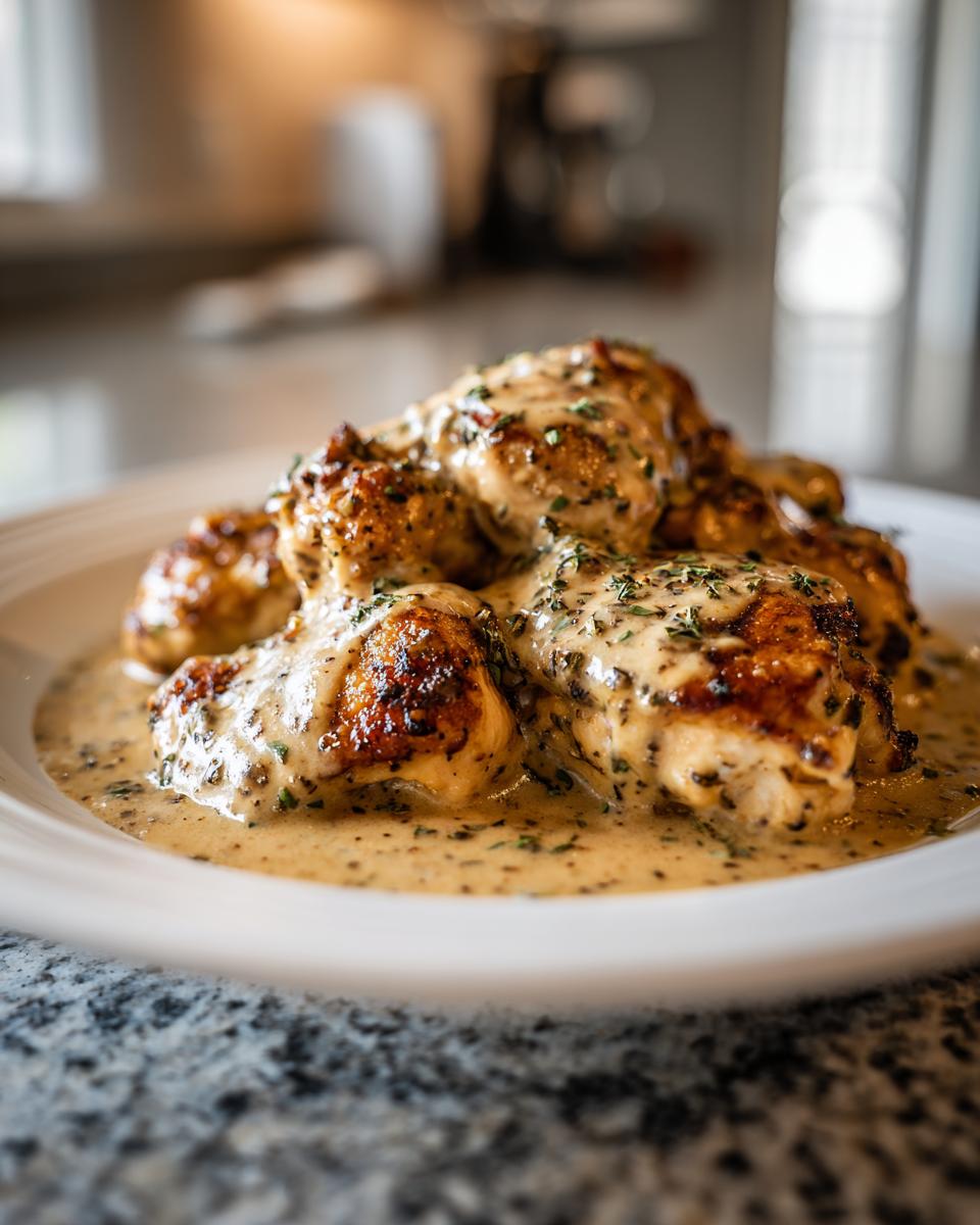 Close-up of tender, pan-seared chicken pieces coated in a rich, creamy sauce with herbs, showcasing melt in your mouth chicken ideas.