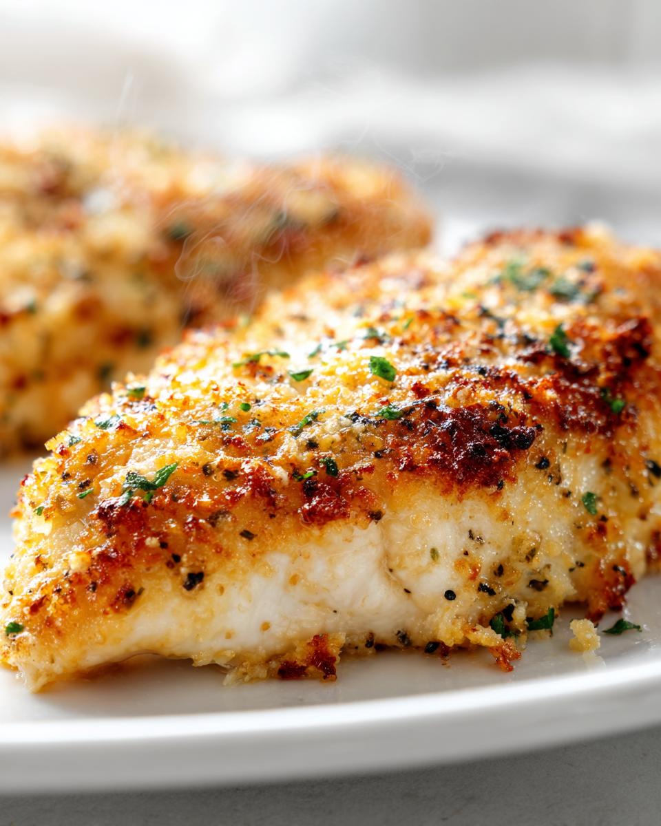 Close-up of a piece of melt in your mouth chicken with a golden-brown crispy breadcrumb coating and fresh parsley.