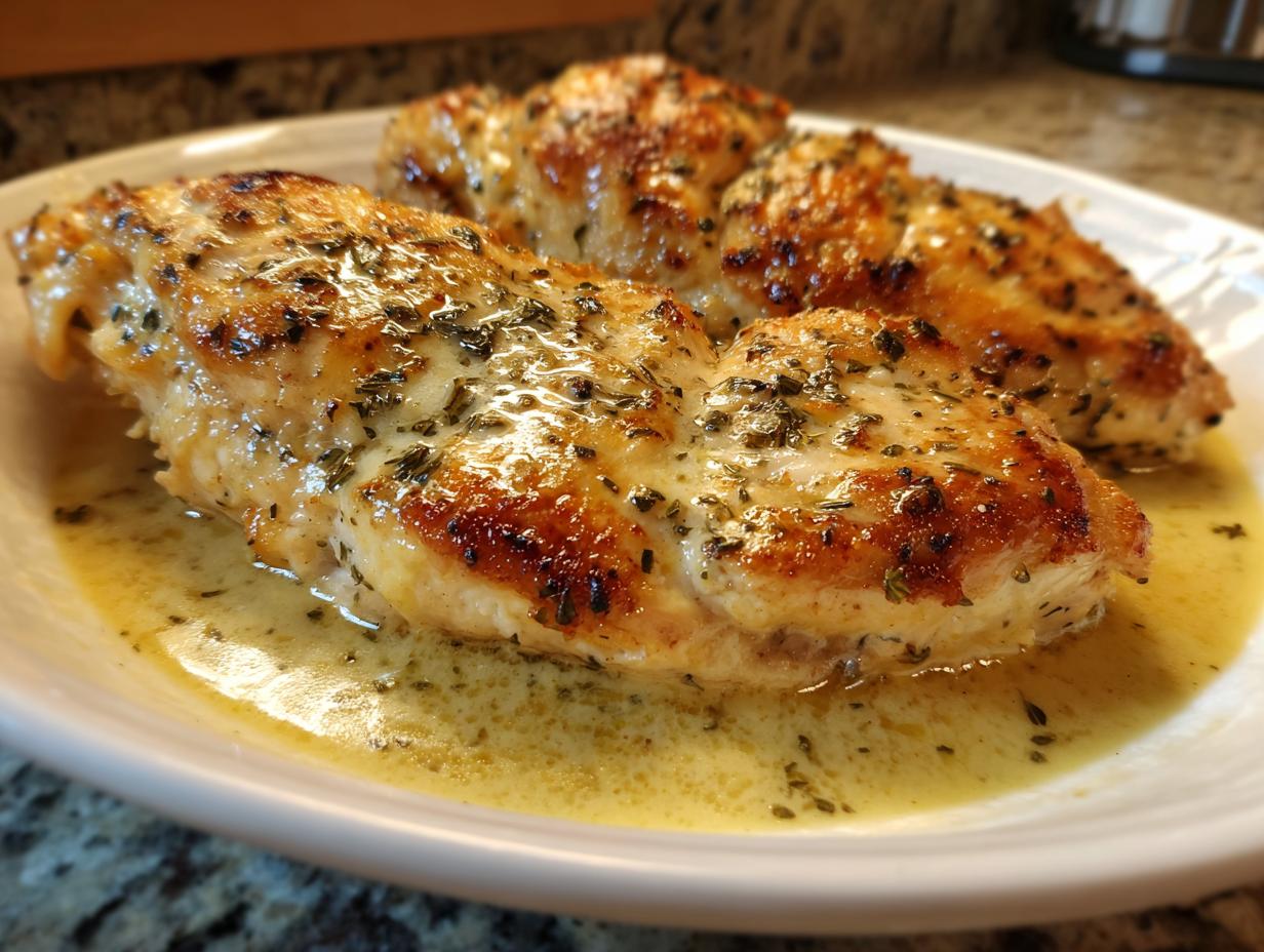 Close-up of three pieces of juicy, pan-seared chicken breasts with herbs in a creamy sauce, a perfect melt in your mouth chicken idea.
