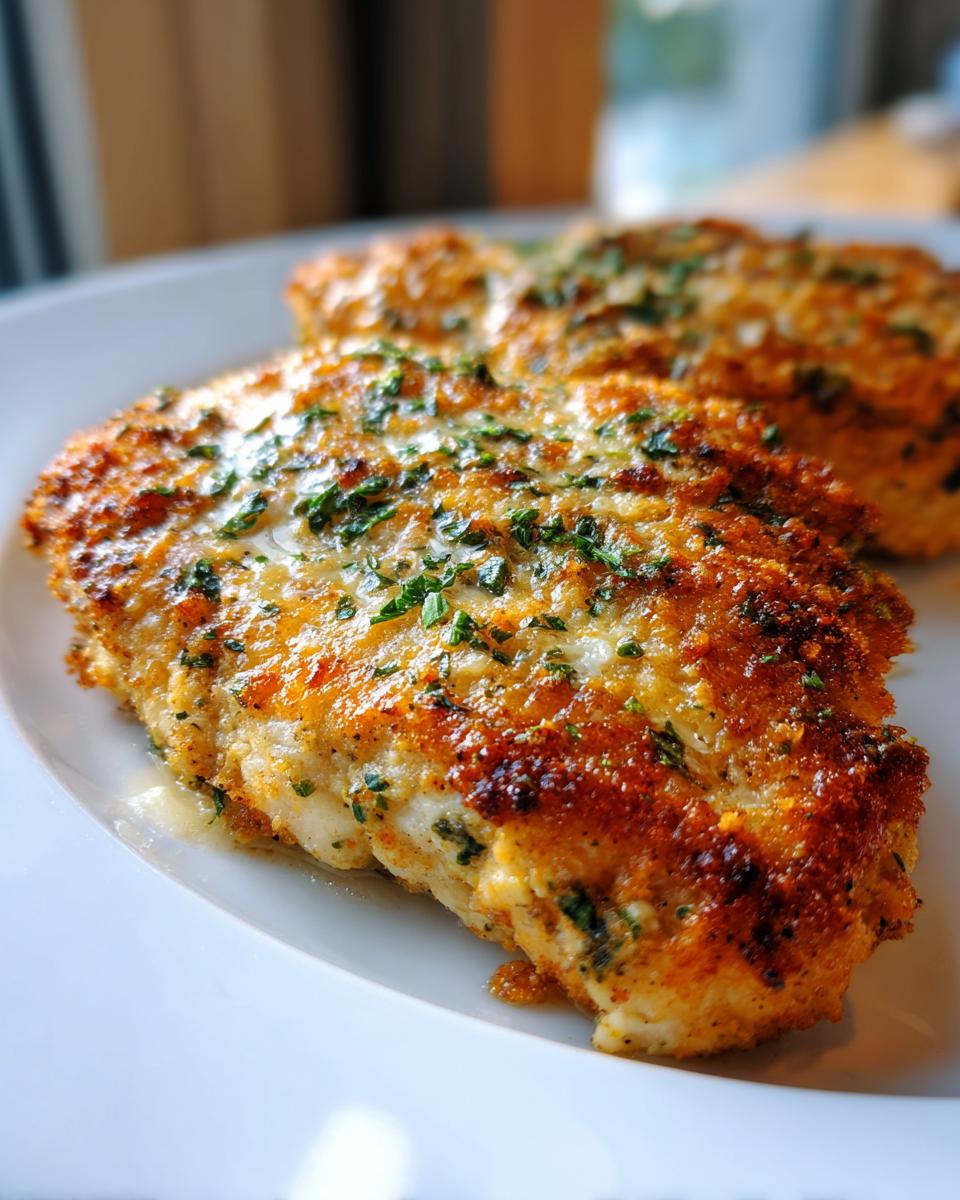 Close-up of two pieces of golden-brown, breaded melt in your mouth chicken, sprinkled with fresh parsley.