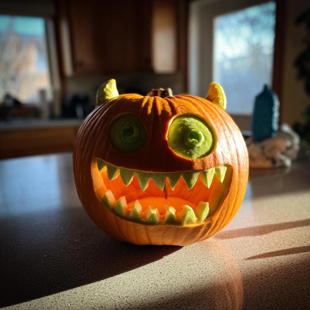 A carved Mike Wazowski pumpkin with glowing eyes and a wide, toothy grin, featuring small horns.