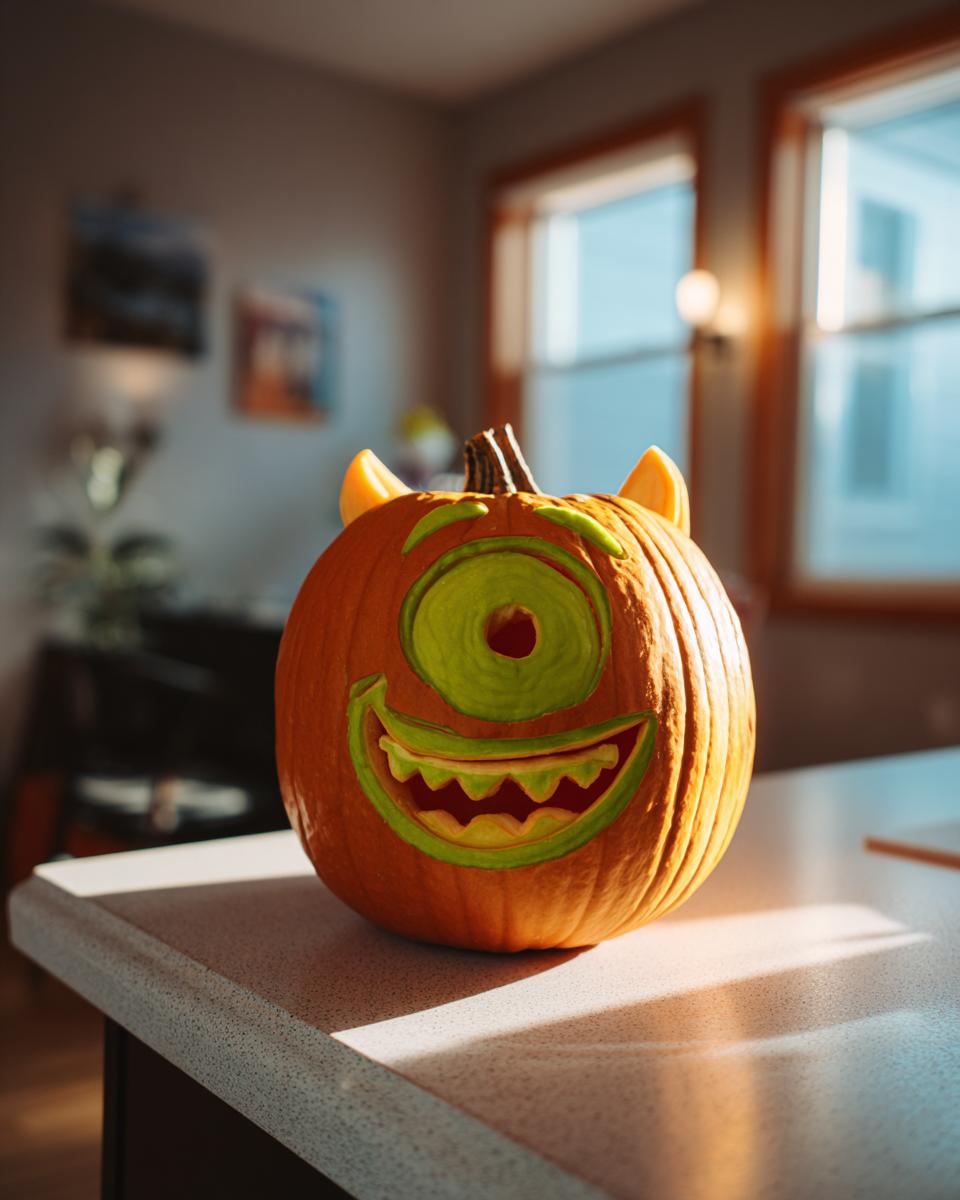 A carved Mike Wazowski pumpkin with a green eye and a wide smile, sitting on a countertop.