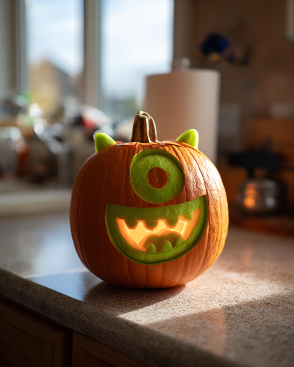 A carved Mike Wazowski pumpkin with a glowing interior, featuring his iconic single eye and wide grin.