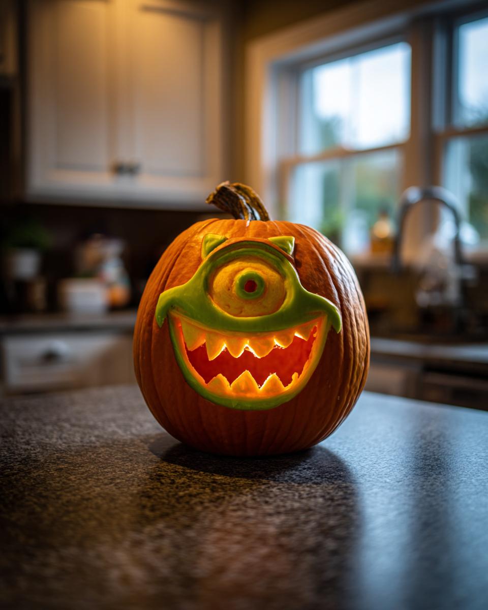 A carved Mike Wazowski pumpkin with a glowing green eye and sharp teeth, lit from within.