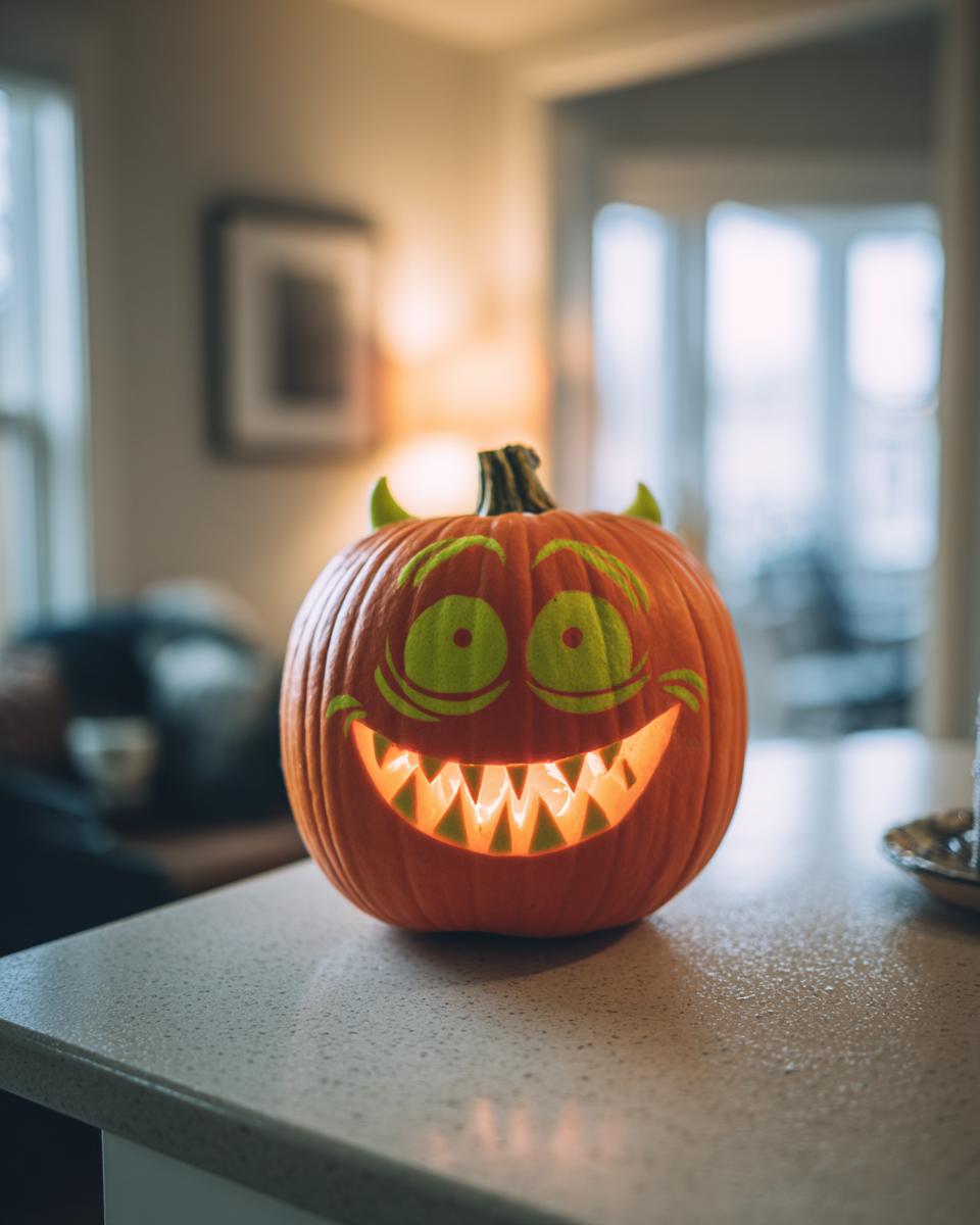 A carved pumpkin with a Mike Wazowski design, lit from within, sitting on a kitchen counter.