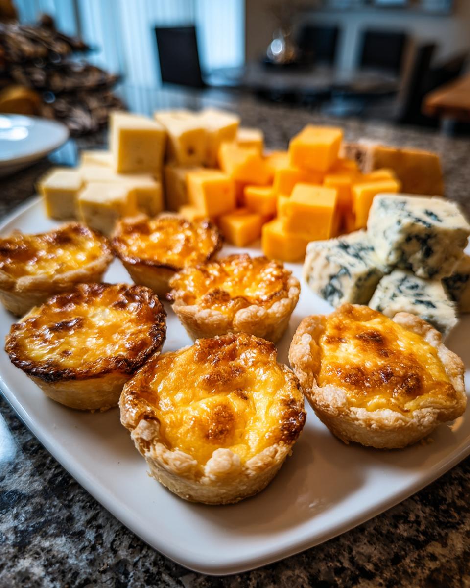 Close-up of golden-brown mini quiches, perfect for new year's eve food, with a cheese platter in the background.