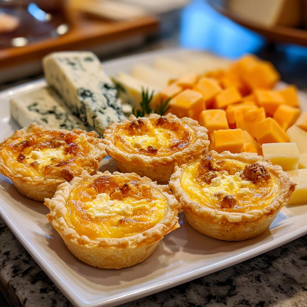 Four golden mini quiches served on a platter with assorted cheeses, perfect for new year's eve food.