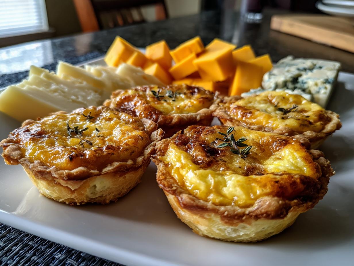 Four golden-brown mini quiches topped with herbs, served with a cheese platter, perfect for New Year's Eve food.