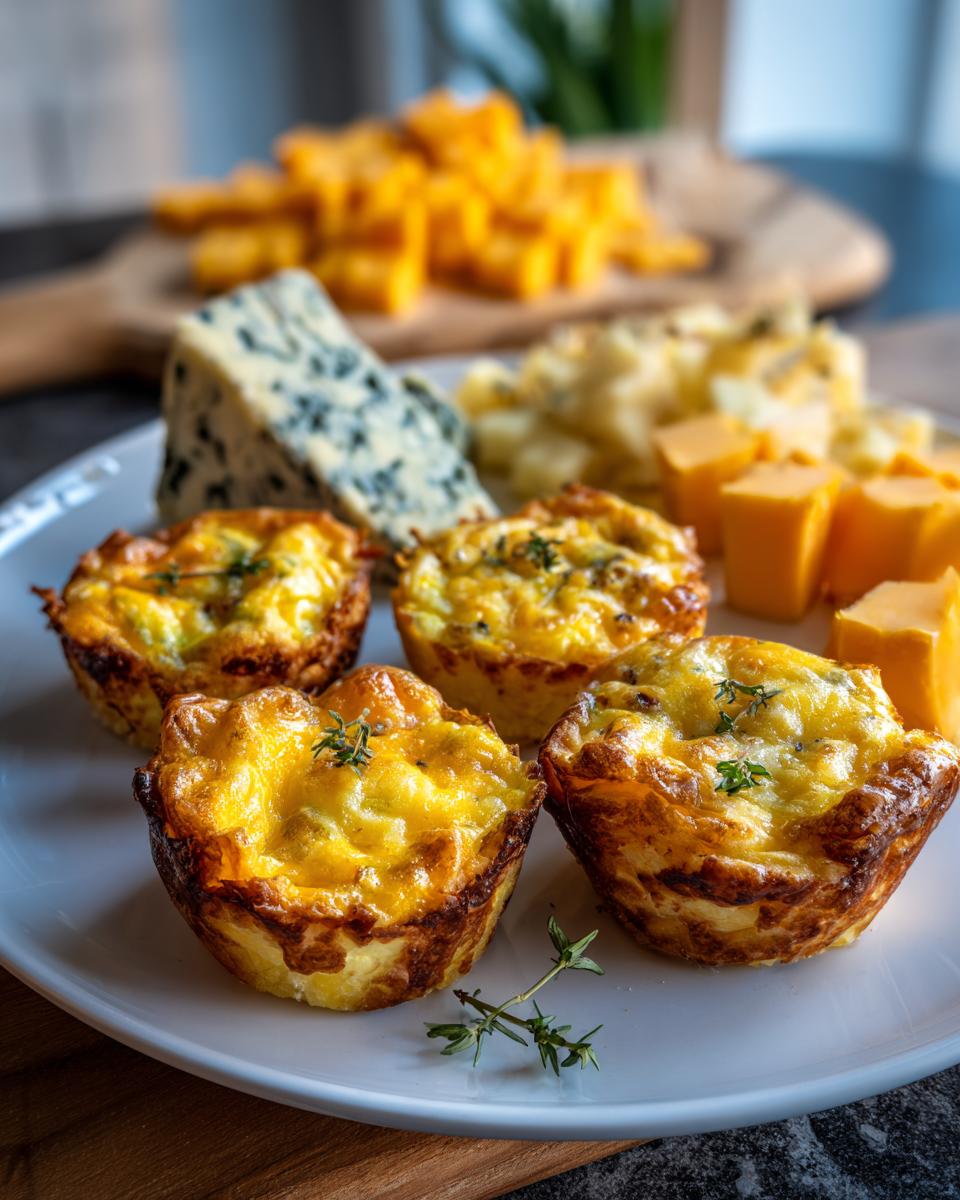 Four golden-brown mini quiches, a perfect new year's eve food, served on a white plate with a cheese board in the background.