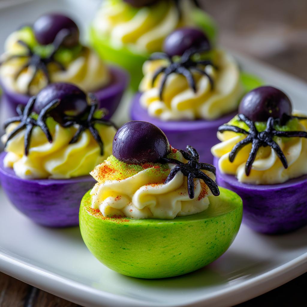 Close-up of colorful Monster Deviled Eggs decorated with black spiders and purple candy eyes for Halloween.