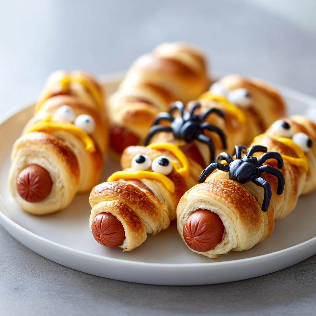 Close-up of mummy dogs, a fun Halloween dinner idea, decorated with mustard eyes and plastic spiders.