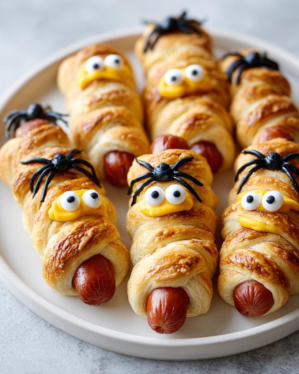 Close-up of mummy hot dogs with candy eyes and plastic spiders, perfect for Halloween dinner ideas.