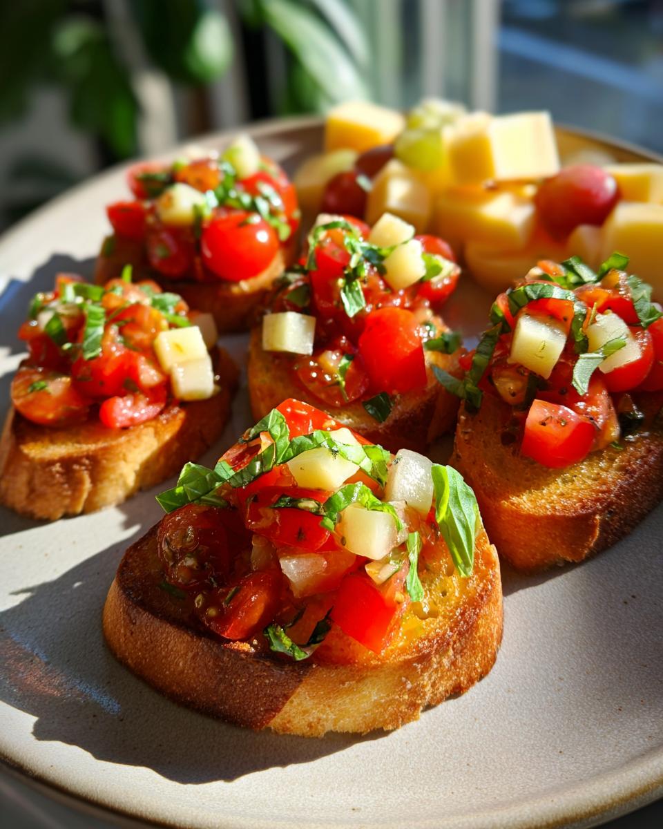 Close-up of fresh bruschetta with tomatoes, basil, and cheese, perfect for new years appetizers.